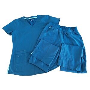 Smitten Scrub Set Teal Blue Shirt Sz Small Pants XS Pockets Womens Top & Bottom